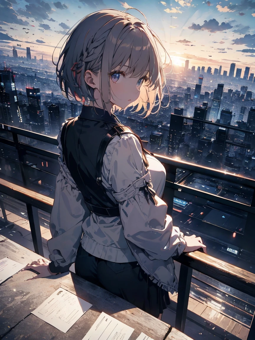  (Official Art、Highest quality、unity 8k wallpaper、32k、​masterpiece、Very detailed、超A High resolution、Realistic、Realistic:1.2)、(Cinema Lighting:1.2), High resolution, (masterpiece: 1.4), Very detailed, One Girl, Platinum Blonde, Medium Hair, Skyscraper facade windows, Cowboy Shot,