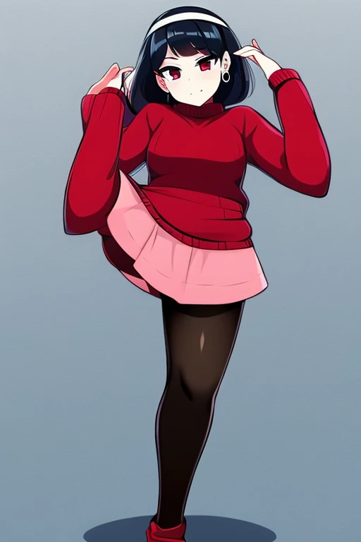 High tail hairstyle, Ponytail hairstyle, Long wavy black hair, standing posing, anime girl style, pixel art anime style,penetrating look with deep eyes,red and purple eyes, hair with a ponytail hairstyle trapped with a big red bun, women, red hair clips, x color shaped hair clips , smiling face blush, next to his bed, Skirt, tank top, Black hair, big thighs, NSFW, Skirt fluttering in the wind, perfect panty, look down, camera looking from bottom to top, viento levantando su Skirt haciendo que se le vea el panty, hands in fist behind her, viento moviendo su Skirt,