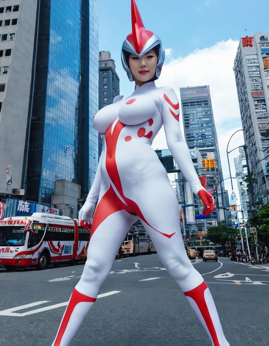 best qualtiy、masutepiece、超A high resolution、(Photorealistic:1.4)、GTSGiga、From below、adult lady、(modeled:1.2)、small head、a small face、blonde hair、long legged、(Transparent Gundam Suit:1.5)、(Transparent body:1.15)、high-heels、Nipres、(Full body:1.4)、Appearance without makeup、Smile big、Walking Pose、(Small butt:0.7)、Big breasts、Huge breasts、(the perfect body:1.7)、Big city background、By Michelangelo