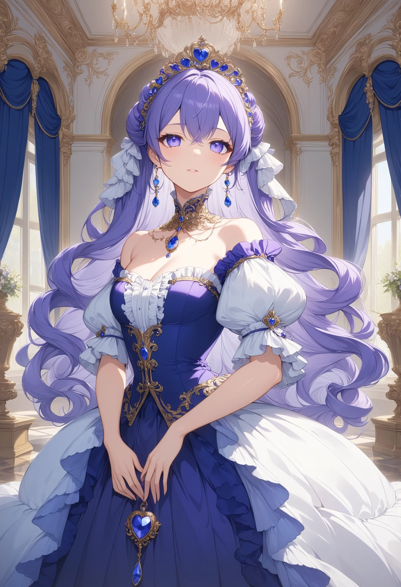 (((Best quality, 8k, Masterpiece: 1.3)), ((best quality)), ((masterpiece)), (detailed), perfect face, sharp detailing, A noblewoman from 18th-century France, facing directly forward, making eye contact with the viewer. She is wearing a luxurious Rococo-style gown. The dress is primarily a rich blue, adorned with lavender-colored frills as decorative accents. The skirt is voluminous and widely flared, while the waist is tightly cinched, emphasizing an hourglass figure. At her chest, she wears a large, heart-shaped pendant made of blue sapphire. Her hair is styled in an elegant chignon and colored in a deep purple hue. A striking, ornate hair ornament studded with precious gemstones stands out in her hairstyle. The background is a grand, baroque-style palace interior. The lighting is soft and royal, emphasizing the opulence and elegance of her attire. Full body view, symmetrical composition, looking straight ahead