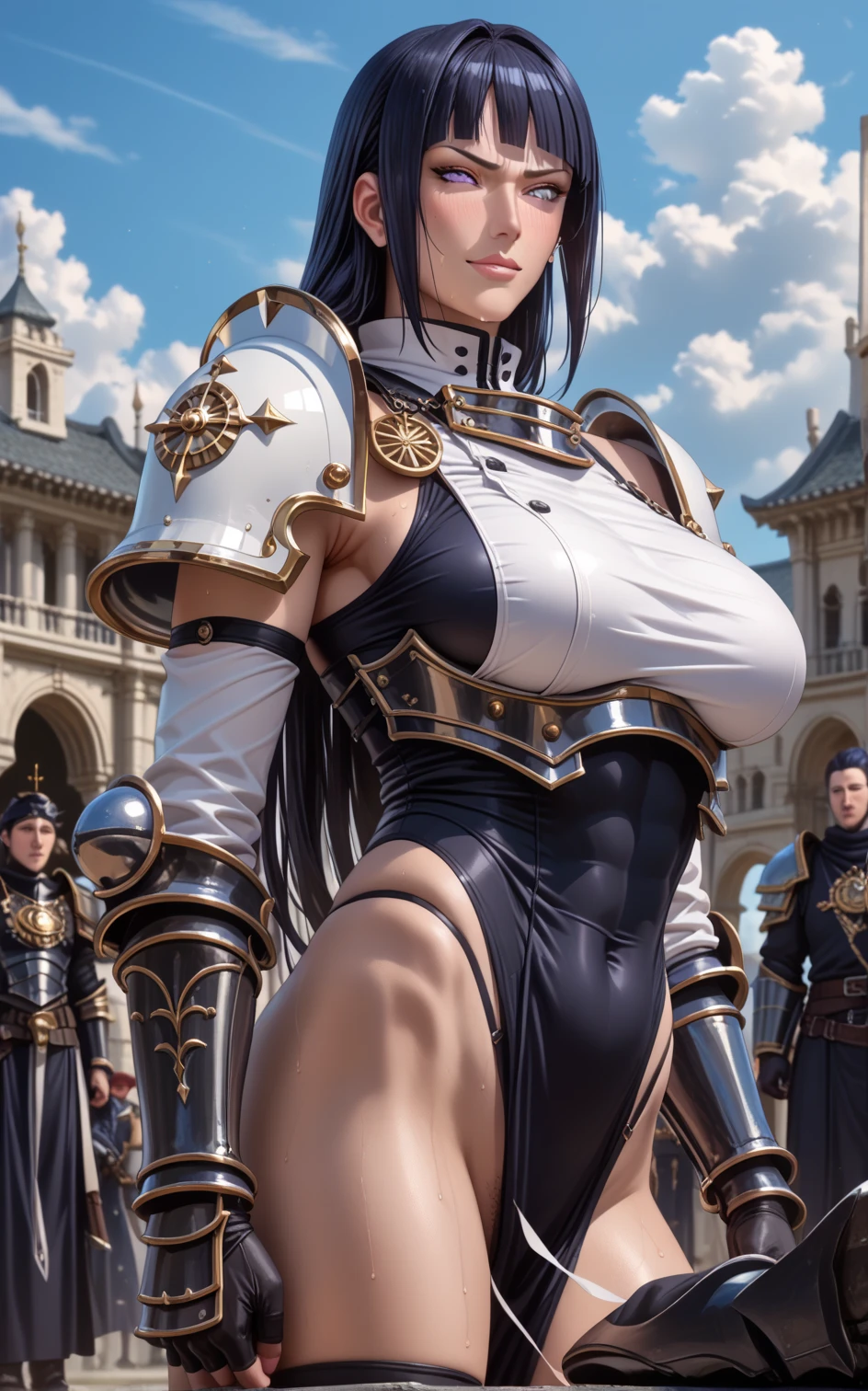 female Satsuki Kiryuin, Satsuki Kiryuin from Kill-la-Kill, mesh stockings, standing with a katana, full height, bottom view, best quality, very detailed, ultra 8k resolution, coat, vest, long skirt, portrait, full body, victorias clothing, long dress, knight, pants, black skinn suit, medieval city, plants, vest,polo shirt, forest, long skirt