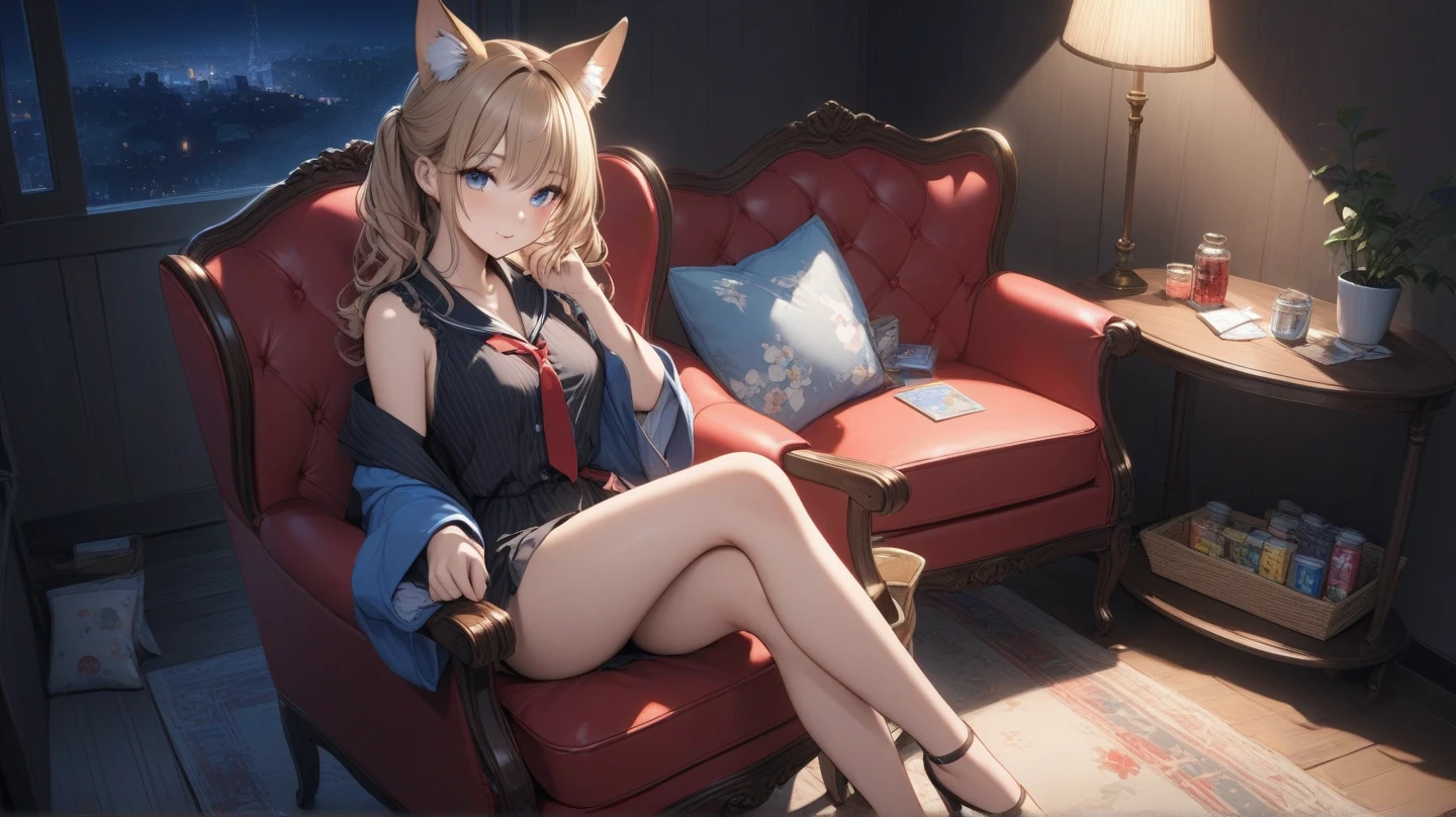 (Best Quality) (Super High Resolution) (Unity wallpaper) 2.5D, a yellow cat ears yellow hair blue eyes girl, has two hands, big breasts (exposed a little), home clothes, at home, sitting on the sofa