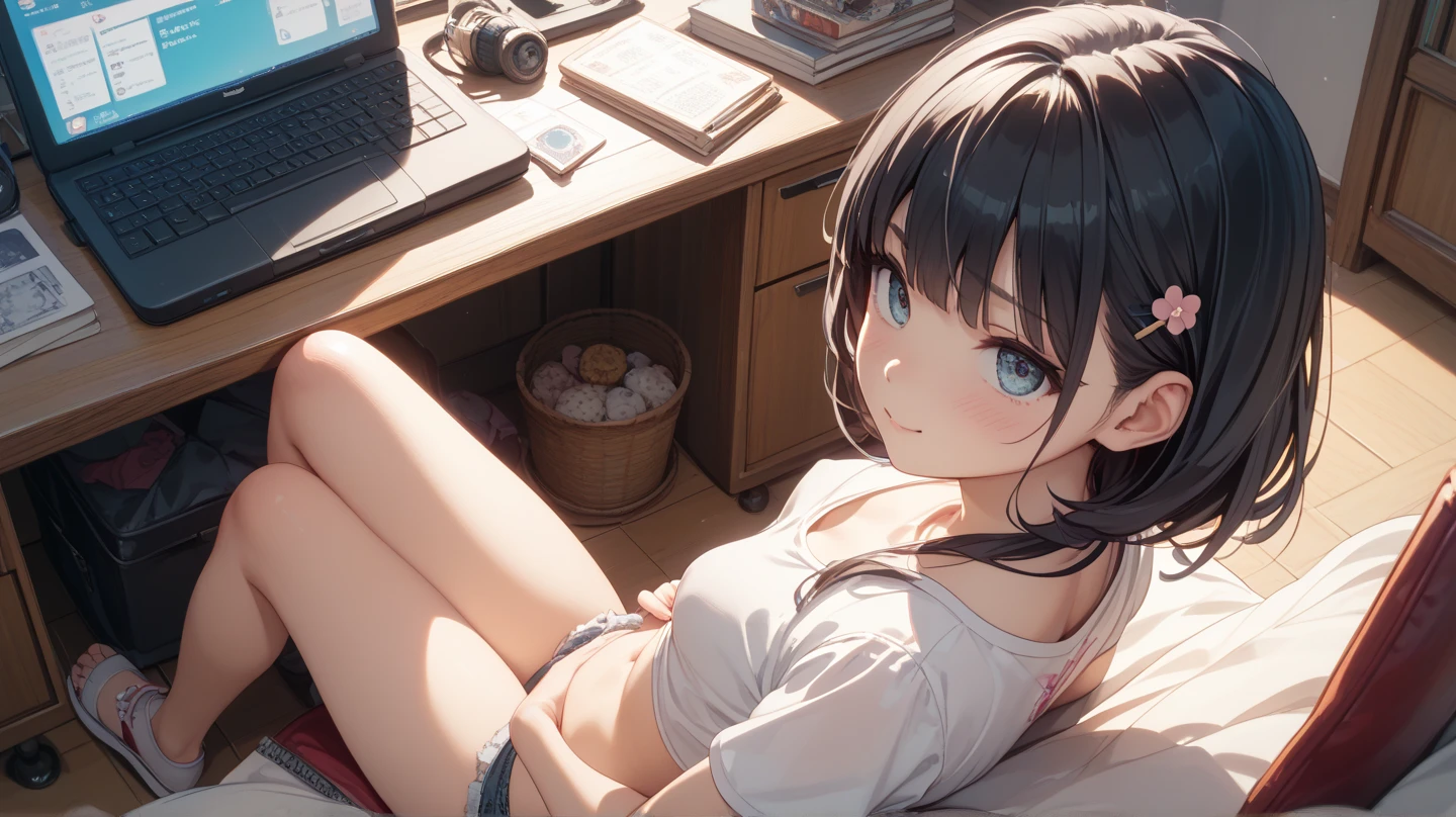 Create a high-quality, detailed image of a beautiful, anime lofi girl with long hair, bright blue eyes, and a smile, sitting at her gaming PC in her cozy room. She has tattoos and wears a sexy see through tank top, showing her midriff with sleep shorts. The warm, inviting scene includes soft ambient lighting, comfortable seating, and a high-end PC setup with multiple monitors and RGB lighting. The setting is illuminated by a small lamp, creating a serene and intimate atmosphere (HIGH QUALITY)