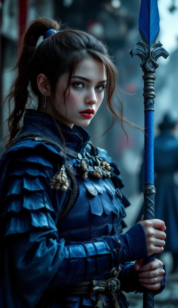고품질의 실제적인 러시아 소녀, The background of a powerful samurai, A high-quality, realistic Russian girl wearing blue armor, holding a huge blue spear {x} has an intense and elegant posture, The expression, is a mysterious environment, 4k High Resolution , realistic detail, HDR, High Quality Digital Art