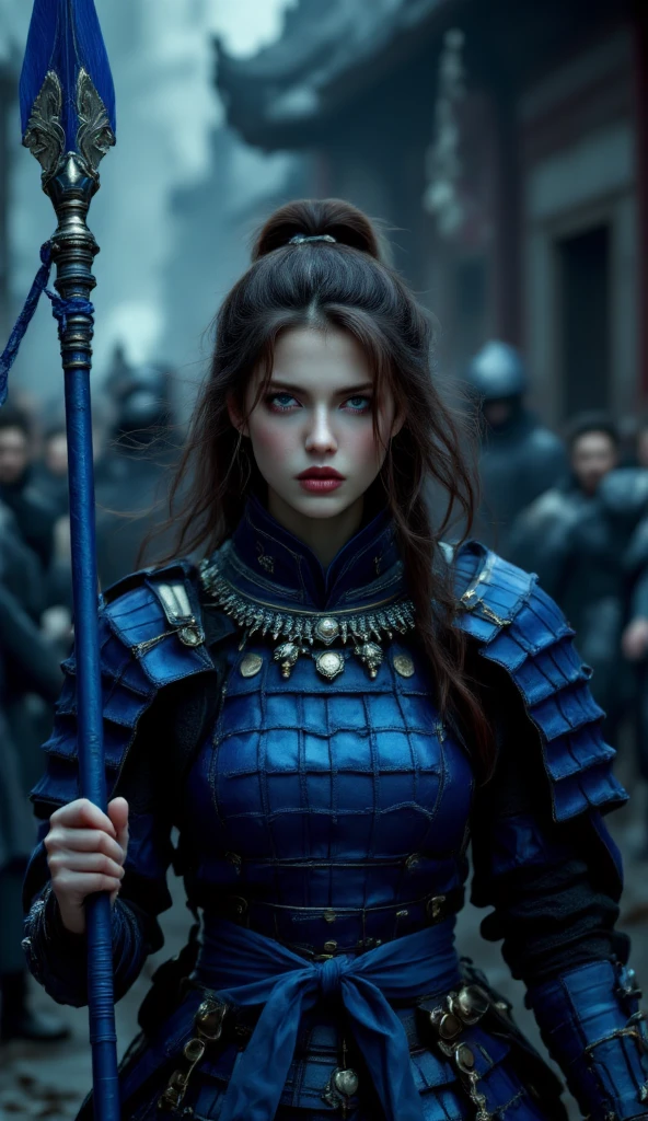 고품질의 실제적인 러시아 소녀, The background of a powerful samurai, A high-quality, realistic Russian girl wearing blue armor, holding a huge blue spear {x} has an intense and elegant posture, The expression, is a mysterious environment, 4k High Resolution , realistic detail, HDR, High Quality Digital Art