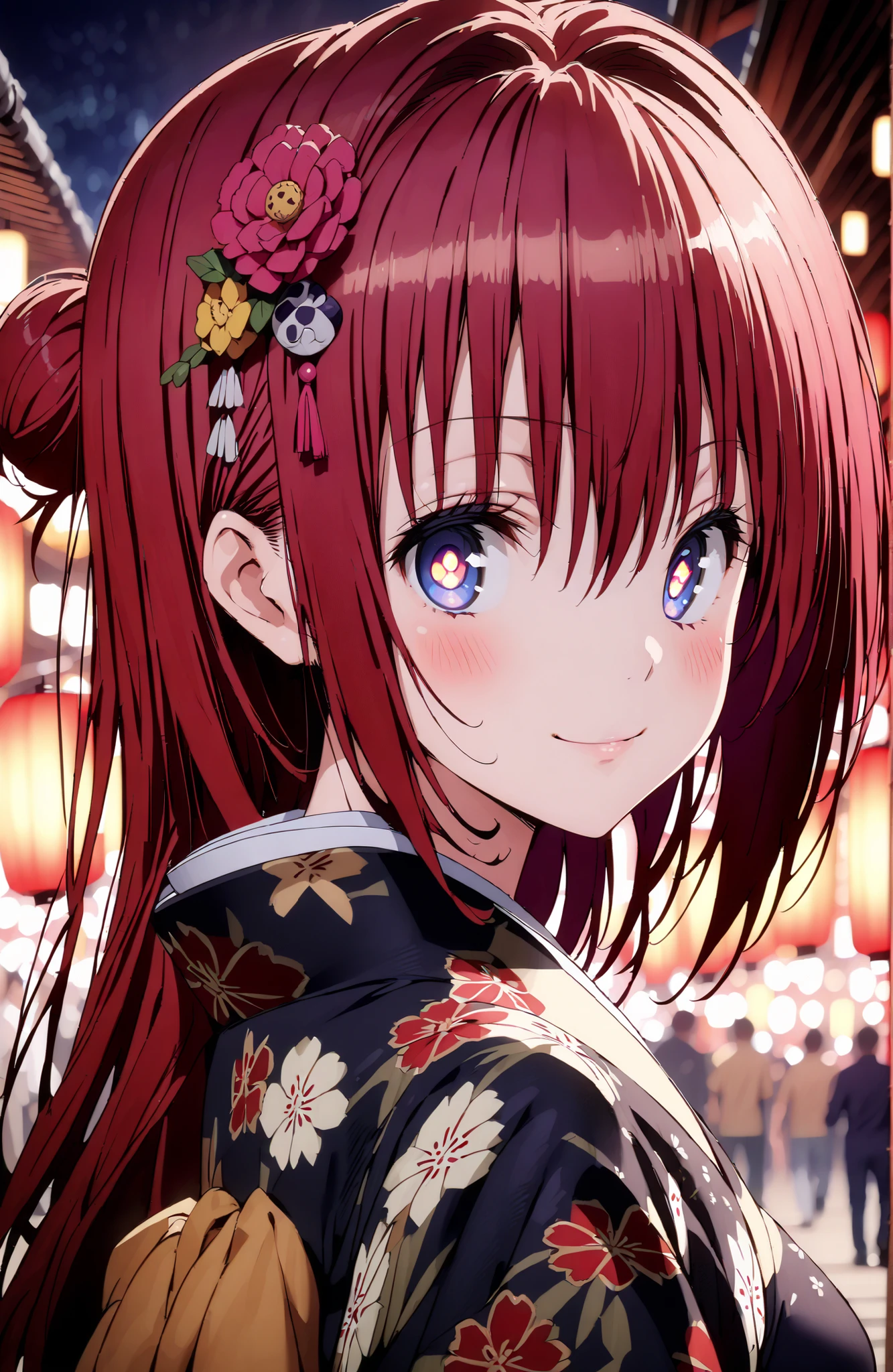 Kurosaki Mea , stupid hair, blue eyes, red hair,long hair,stupid hair,side lock,single bun hair,flower hair ornament with ears, red flower pattern kimono,Medium breast,smile,blush,grinning,Light up fireworks,Japanese stalls ,Red Lantern,standing,crowd,in their 40s outdoors, Japanese Festival,full bodyがillustrationsに入るように,,
in their 40s looking at viewer,full body,
in their 40s (masterpiece:1.2), best quality, high resolution, Unity 8k 壁紙, (illustrations:0.8), (beautiful detailed eyes:1.6), very detailed face, perfect lighting on the table, extremely detailed CG, (perfect hand, perfect anatomy),