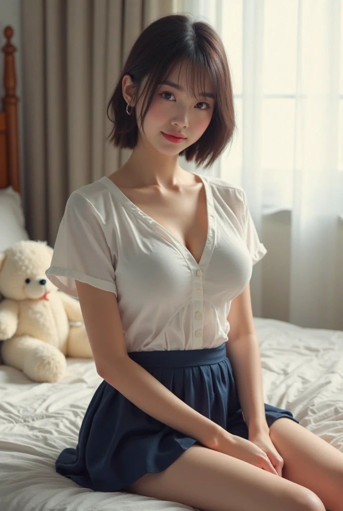 ((Layered haircuts、Colossal tits:1.2)),（8K，top-quality），full body shot shot，Watching from a distance，Distant shots，school classrooms，Pupils，class，playing games，JK skirt wearing a see-through shirt，blue wet shirt, Wet shirt, adolable， ssmile， Thin face， short detailed hair， 32K, tmasterpiece， The highest image quality，超A high resolution，Perfect hands，up looking_で_peeping at the viewer，Wet skin, (((fullllbody))), fullllbody, Legs wide open, Open legs, look to the camera, Eye for detail, Beautiful eyes