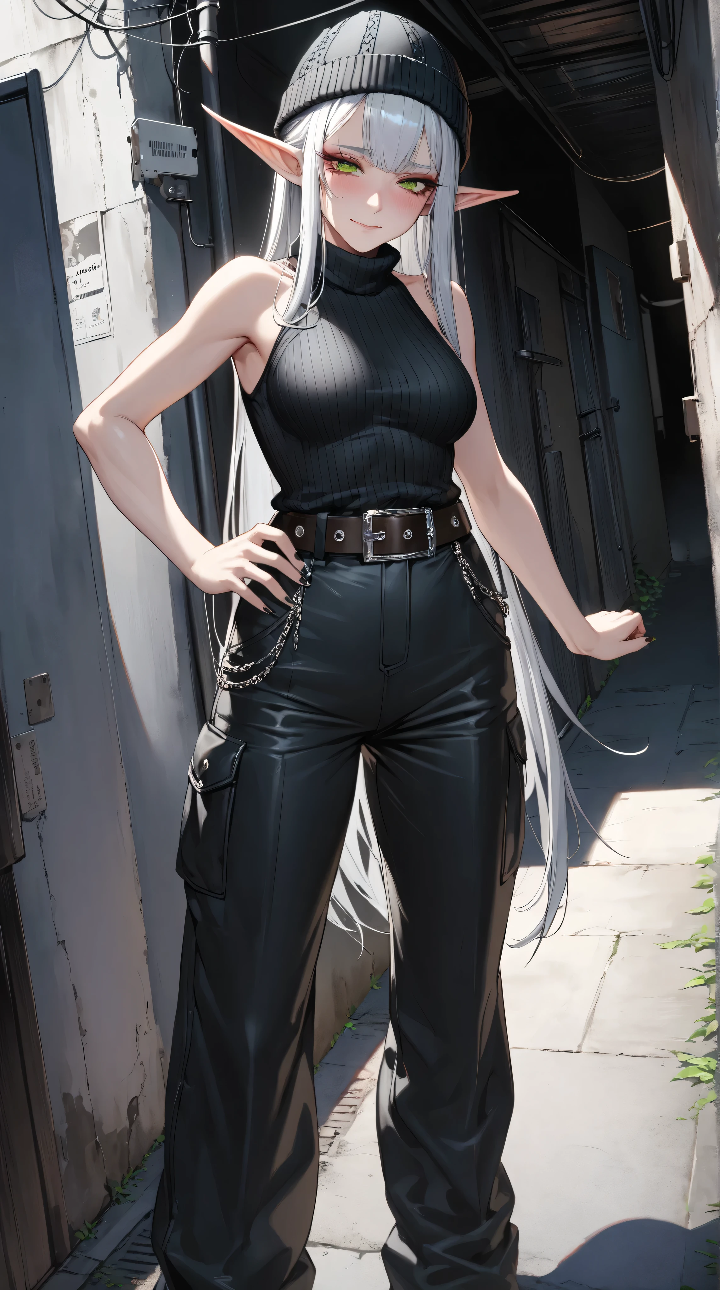 Masterpiece, Best Quality, Anatomically Correct, High Detail, Textured Skin,
mature female, adult woman, She's an elf,
1woman, alone, watching viewers,
silver hair, long hair, bangs, very straight hair, green eyes, upturned eyes, Long eyelashes, slim body, slim legs, medium breast,
Punk woman, make up, shy smile,
blush, very shy, Embarrassed, She is shy, Blushing,
black knit hat, Black sleeveless outfit, leather belt, black cargo pants, oversized pants,
standing,
back alley,
dramatic angle,