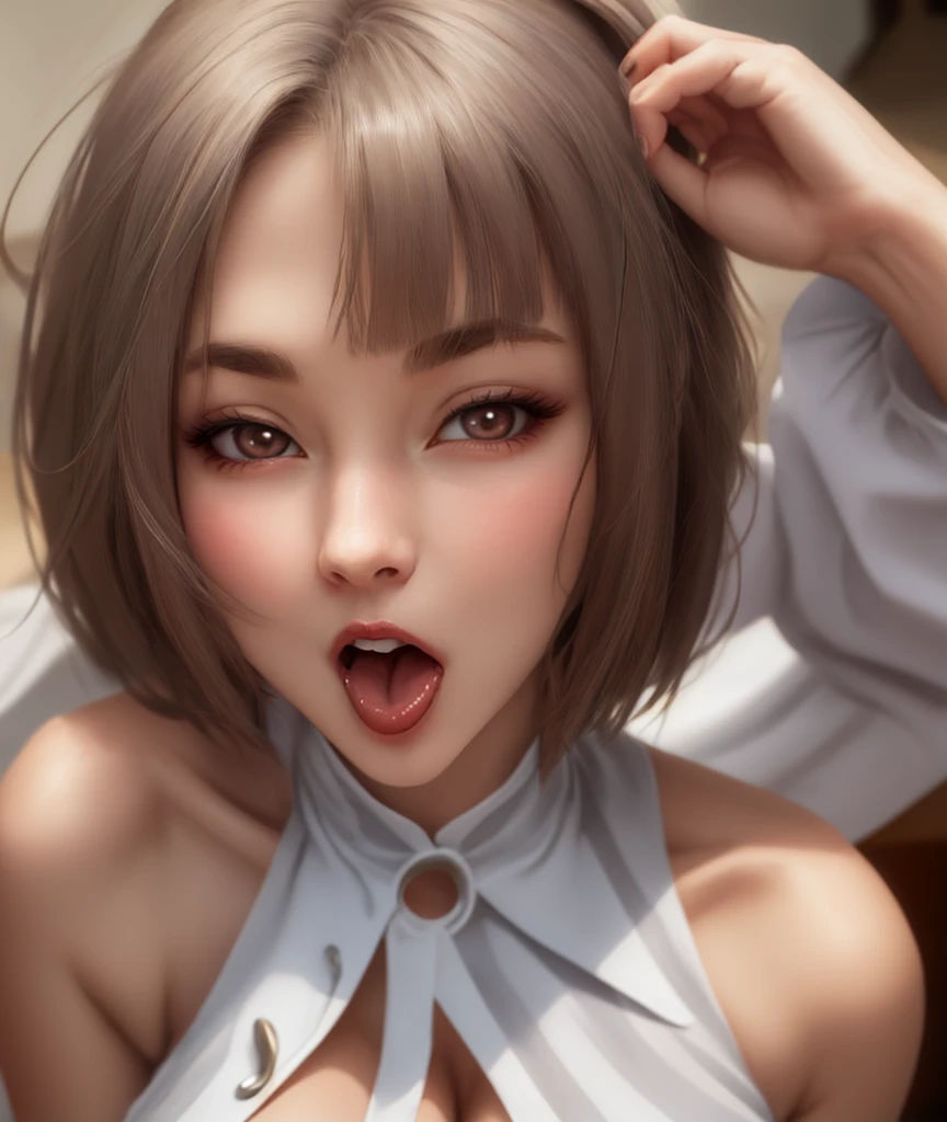 dynamic ungle,(best quality, masterpiece, RAW photo,ultra-detailed:1.2), 1girl, solo, looking at viewer, front view, smile,
<lyco:mikasa_ackerman_v1:0.75>hmmikasa, short hair, black eyes, scarf, red scarf,nude, nipples, awaitingtongue, facial close-up,open mouth, sticking out tongue, from above,