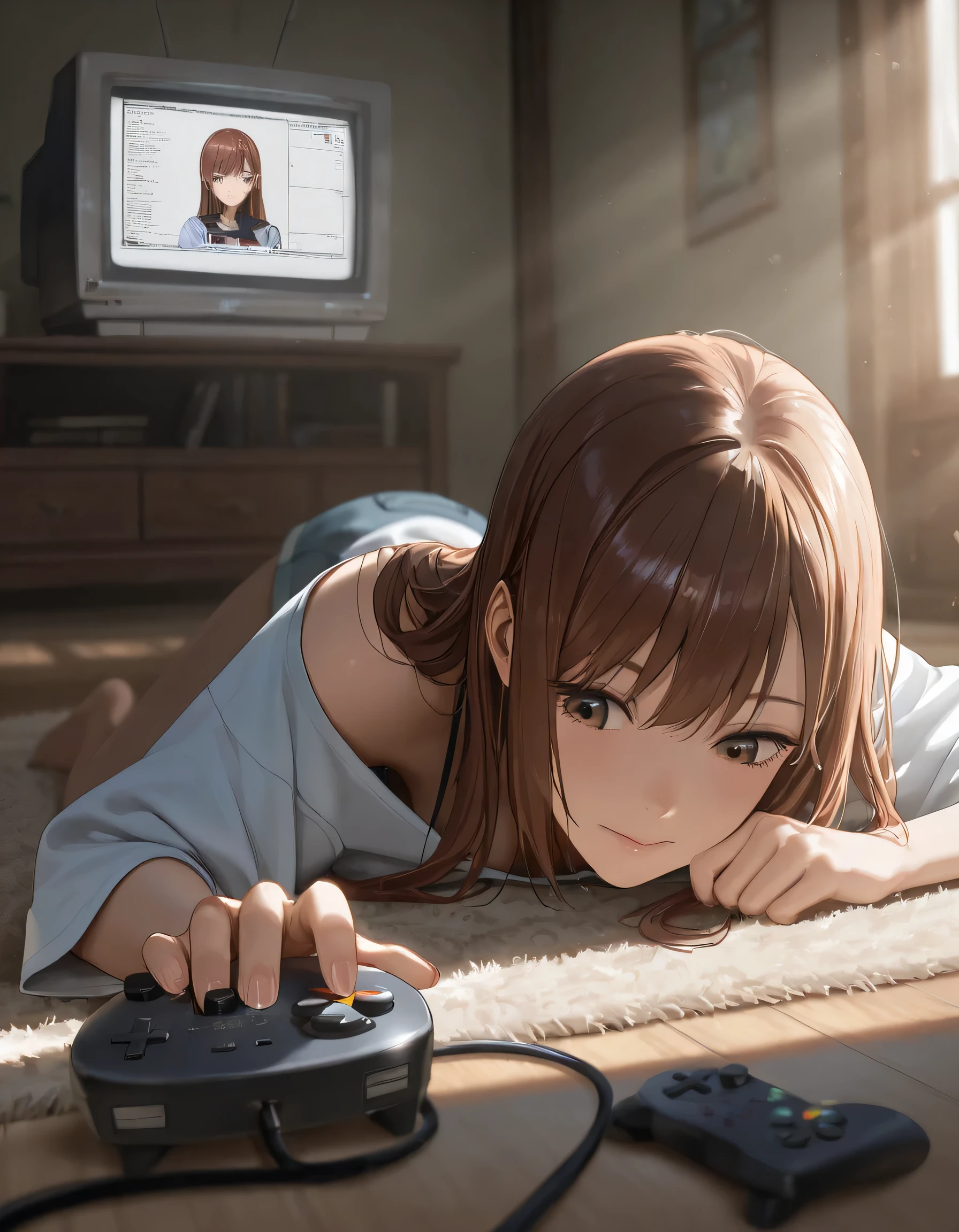 cinematic, (masterpiece), (best quality), (ultra-detailed), very aesthetic, illustration, realistic illustration, perfect composition, intricate details, absurdres, detailed face, (anime, masterpiece, intricate:1.3), (best quality, hires textures, high detail:1.2), (4k), (incredibly detailed:1.4), detailed eyes, realistic shadow, oversized T-shirt slipping off shoulder, bare feet, old CRT TV and SNES controller in hand, lying on carpet in cluttered living room, pixel game on screen, soft afternoon sunlight through window