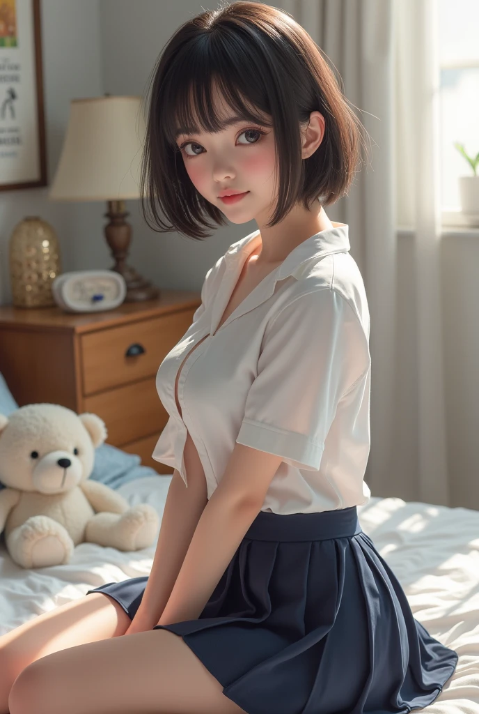 realistic portrait masterpiece, Armor, 8k, beautiful and young girls, 、、 took a photo, cute face, Thigh , Fine Face , short hair、ผมสีดำ、、、tight waist,((White short sleeve shirt with cover)) without skirt、 Navy pleated skirt 、of a high school girl sitting on a bed in a bedroom with a white teddy bear on the bed