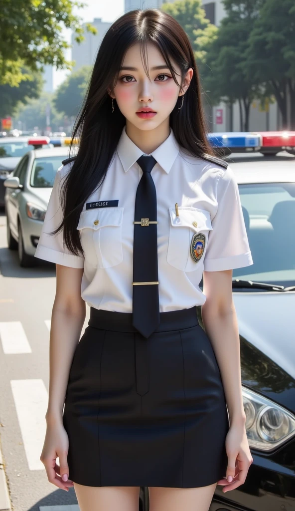 absurdres, RAW photo, extremely delicate and beautiful, masterpiece, Best Quality, ultra high resolution, 32k, hyperrealistic, ultra-detailed, perfect anatomy, perfect figure, super Detailed skin, Very detailed CG 8k wallpaper, in her 30s, very Slim body, narrow waist, very small head, very small face, delicate facial features, tearful mole, earring, thin legs, (very huge round breasts:1.2), full body shot, 1 girls, short hair, (wavy hair:1.2), (wet clothes:1.1), (police officer uniform:1.2), Skirt, (dress shirt:1.1), (black shirt:1.1),