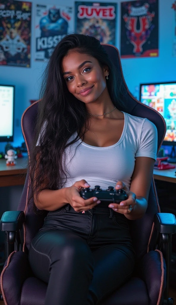 A black woman playing video game