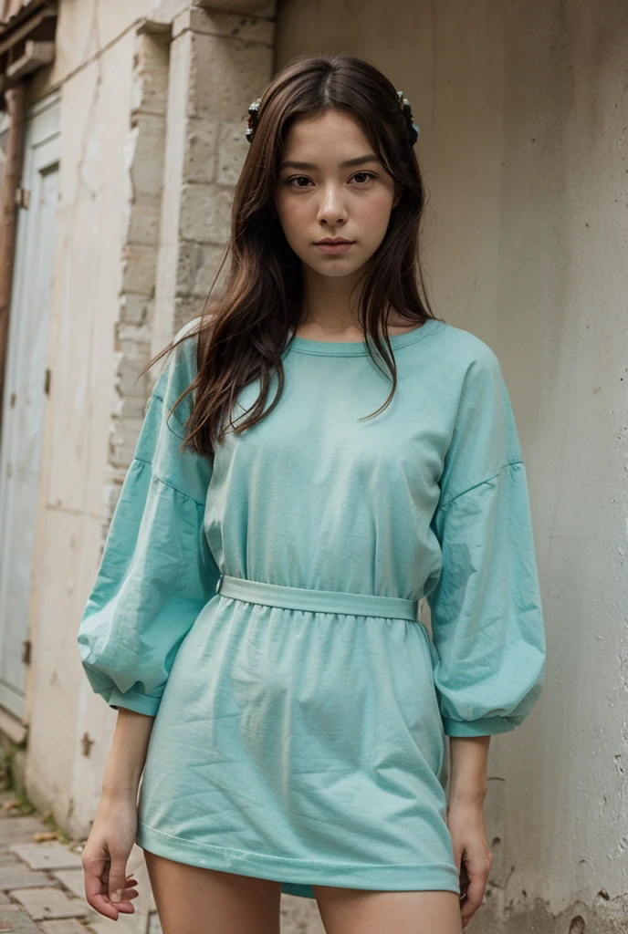 (table top), sexy、Natural light, realistic, camel toe, diffused shine, written boundary depth, professional lighting、Big eyes、eyes are blue、blonde、Russian、the head is tied、green hoodie、black long skirt、white bag in hand、A big smile、one eye is closed、black rimmed glasses