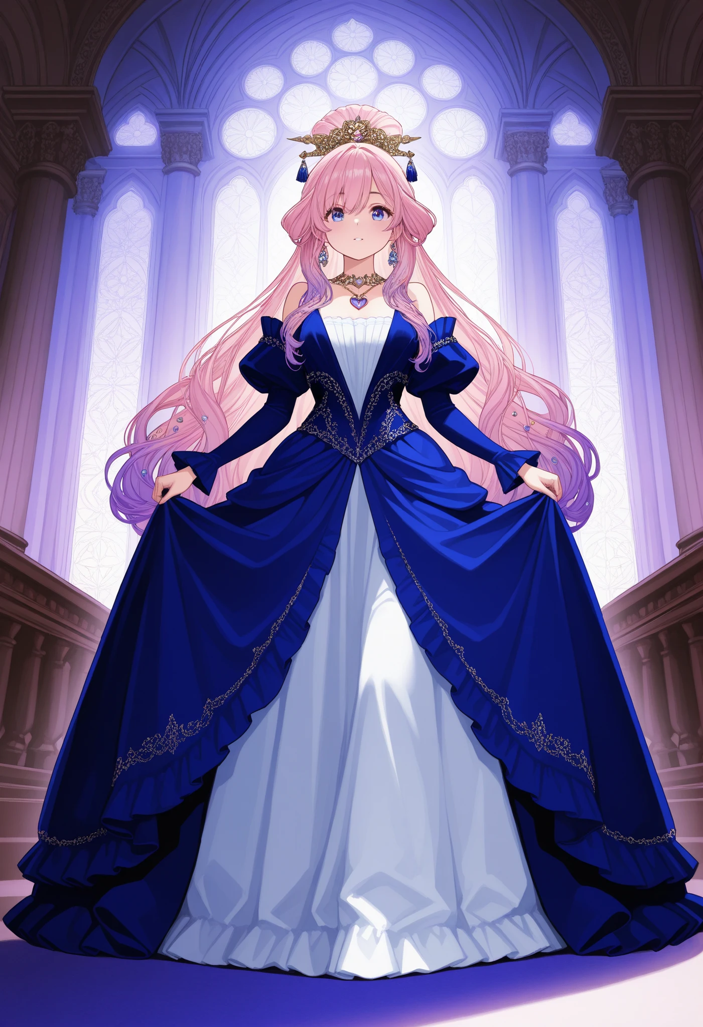 (((Best quality, 8k, Masterpiece: 1.3)), ((best quality)), ((masterpiece)), (detailed), perfect face, sharp detailing, A noblewoman from 18th-century France, facing directly forward, making eye contact with the viewer. She is wearing a luxurious Rococo-style gown. The dress is primarily a rich blue, adorned with lavender-colored frills as decorative accents. The skirt is voluminous and widely flared, while the waist is tightly cinched, emphasizing an hourglass figure. At her chest, she wears a large, heart-shaped pendant made of blue sapphire. Her hair is styled in an elegant chignon and colored in a deep purple hue. A striking, ornate hair ornament studded with precious gemstones stands out in her hairstyle. The background is a grand, baroque-style palace interior. The lighting is soft and royal, emphasizing the opulence and elegance of her attire. Full body view, symmetrical composition, looking straight ahead