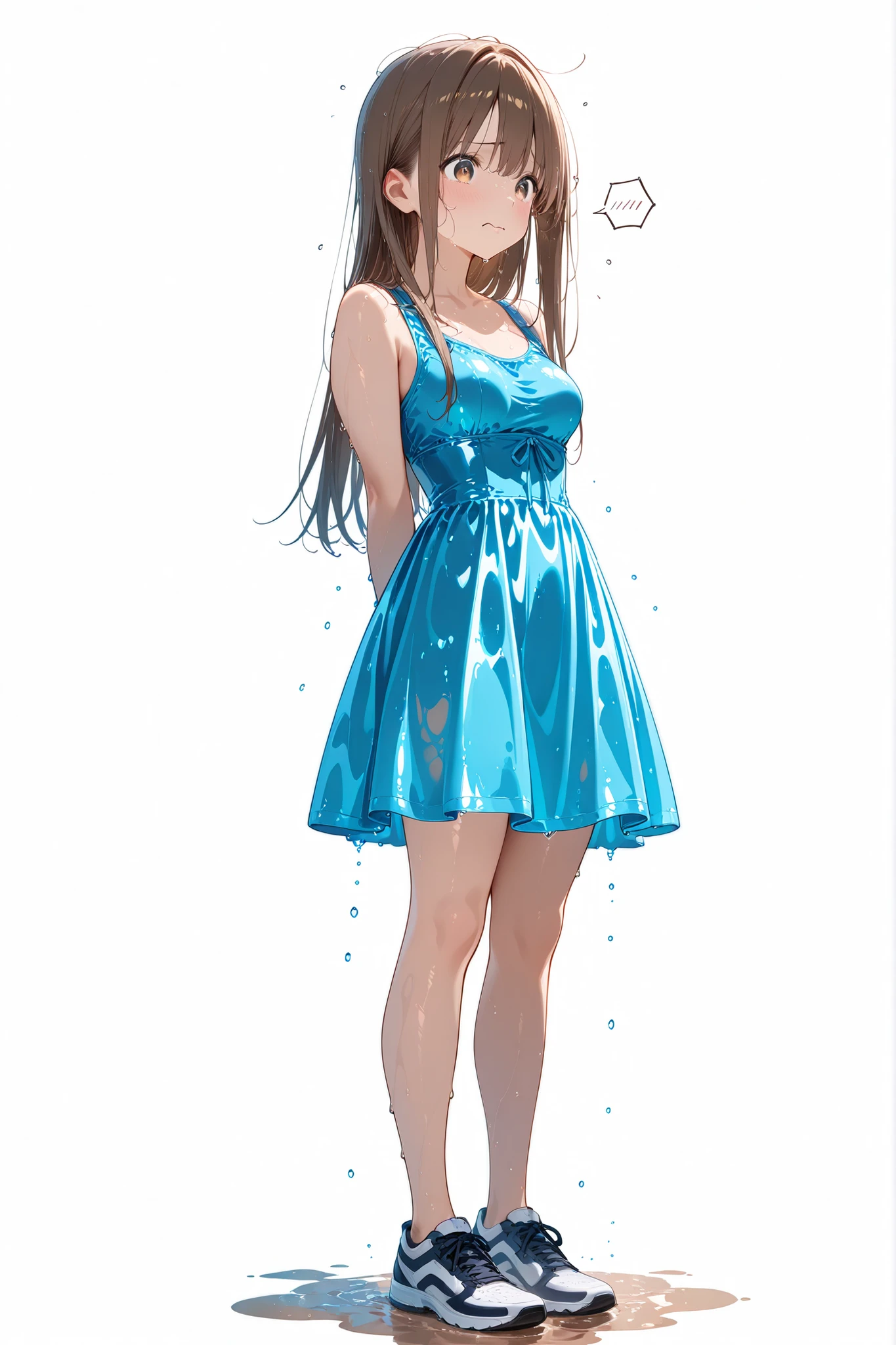 female caught in rain, flat bust, long straight hair, soaked outfit, frustrated expression, full body, transparent background, side view