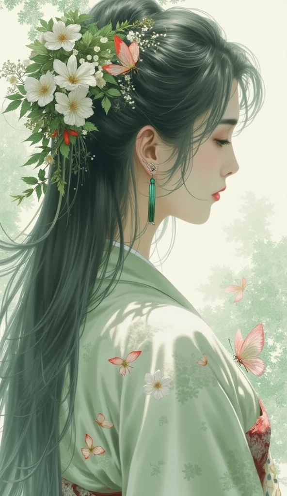 A painting or digital artwork combining elements of photography and painting. It depicts an ethereal and serene Japanese woman in kimono with red and white patterns. Her profile is gracefully turned, her hair flowing like water or wind, intertwined with cherry blossoms and butterflies. The colors are soft—especially deep green and white—creating a dreamy and tranquil atmosphere. The woman appears to be at peace, with her eyes closed and a serene expression. The lighting is gentle and cinematic, with subtle shadows adding depth while maintaining harmony and tranquility. atmosphere conveys the spring .