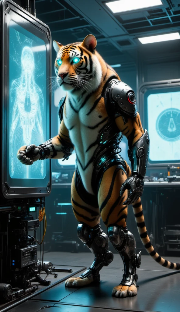 （Female robotic tiger), Solitary,, Detailed fur texture, (Cyberpunk), (Wearing a sleeveless vest and black shorts), ,Feet are claws wearing beach sandals,Metal body，Wires and cables that connect the header and body，Mechanical limbs，Trunk wires and cables，Mechanical plug,Wire inserted into the belly, dawn, shadow, Bright environment, (Chest gemstones), , (Kantanagarmouli)), (Bottom view), Looks excited, [Simple background], Detailed student, Masterpiece Artwork, Caustic lines, Rim Light, Single light source, 清晰的shadow, Finger claws, (Digital Grade, Claws),Sitting in the warehouse with my feet up