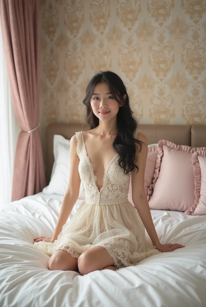 A beautiful young girl in a long, flowing white wedding dress, slender figure with long graceful legs, full-body portrait, highly detailed, photorealistic, (best quality,4k,8k,highres,masterpiece:1.2),ultra-detailed,(realistic,photorealistic,photo-realistic:1.37),stunning, elegant, delicate, serene, natural lighting, warm color tones, intricate lace patterns, sheer fabric, cascading train, soft focus, cinematic composition