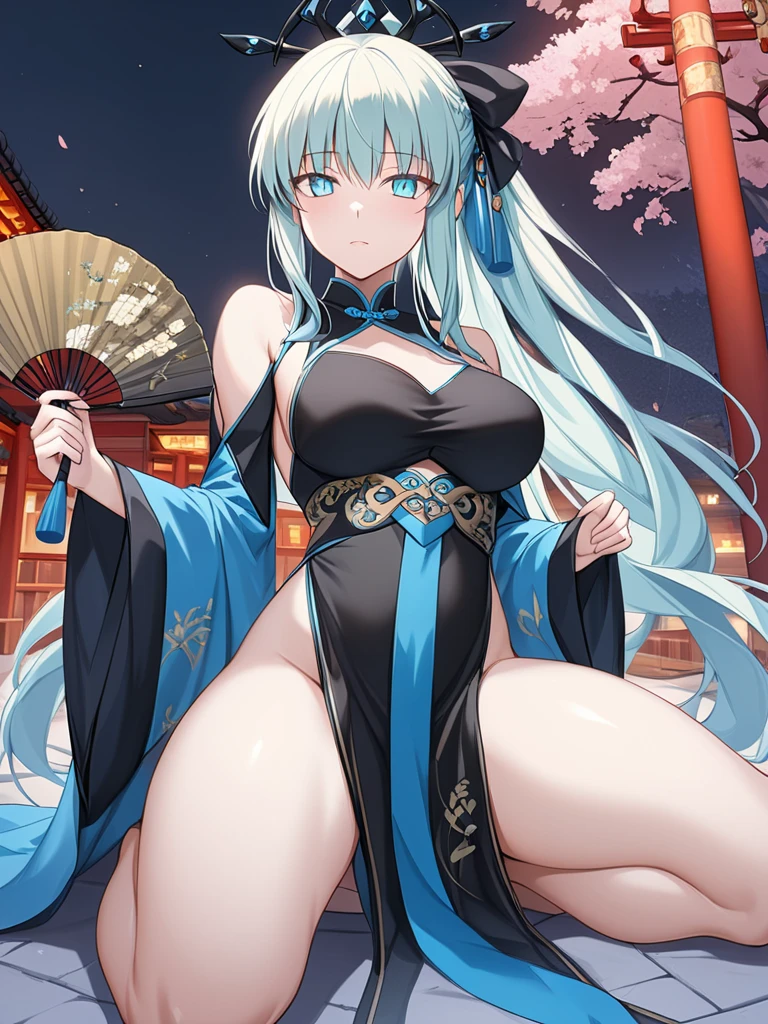 1 girl, kimono, ponytail ,gray hair, purple eyes, magic circle, blue fire, blue flame, wallpaper, landscape, Blood, Blood splatter, Depth of bounds written, night, particles of light, light, side light, thighs, destiny \(series\), genshin impact, ****, open jacket, skirt, Thighhighs, cloud