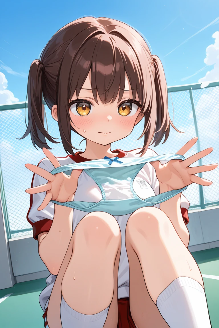 (((round face))), drooping eyes, sweat, shame, a young housewife, (ecstasy face, lewd girl), ((leaking pee)), (while she is standing and straddling to hit her pubic hair against a vibrating grass trimmer handle, masturbating with complete concentration, tongue, straddling), in the garden, trees, sky, sneakers,
