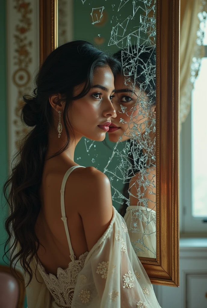 (photorealism:1.2), beautiful woman, looking in the mirror, wearing loose off-shoulder top, medieval sensual clothes, long curly hair, indoors, soft lighting, plants in background, window with sunlight, cozy room, relaxed pose, realistic, intricate details, warm colors, by Greg Rutkowski, by Alphonse Mucha