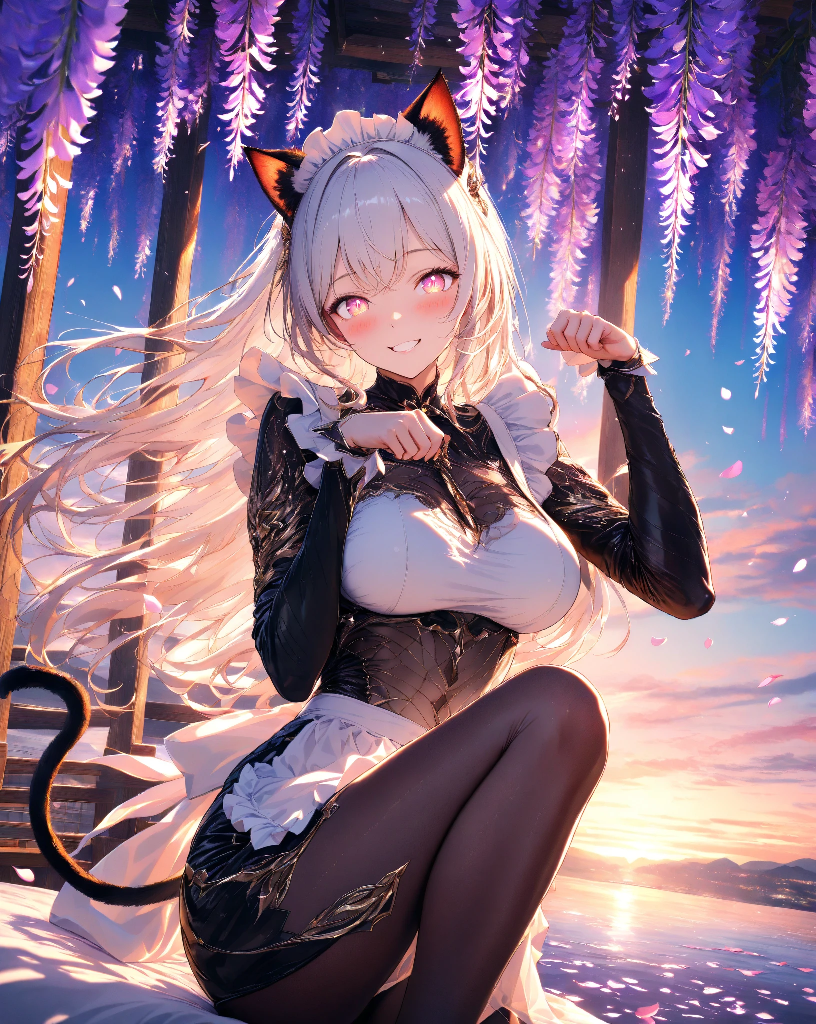 ((highest quality)),(ultra high resolution),(Super detailed),(detailed description),((best CG)),(best work of art),super precision art,amazing drawing art,(Fantasy art with precise details:1.5), (female werecat:1.7),(shaggy cut:1.4),(detailed embroidery:1.5),(Cat's tail extending from the coccyx:1.6),smile:1.5,Bewitching:1.6,crawl on all fours:1.5, full moon:1.7,