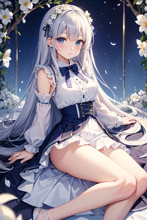 (Overlooking),,Super meticulous,illustratio,Looking directly at,1girll,(fanciful:1.4),(Blue eyes:1.233),Her eyes shone like dreamy stars,(glowing light eyes:1.233) ,(美丽细致的眼睛:1.1),(silber hair:1.14),(messy  hair,Very long hair,french braid,Hair between both eyes,Lateral hair),(+(Gray hair flower:1.14)),(Chiffon dress,Uniform white flower pattern)/=(army suit:1.24),(Wide sleeves),(Fingerless gloves),choker necklace,(miko thighhighs),high heels boots,(Frightened expressions),(standing on your feet), (big trees，In the forest，Shadows interlace, All kinds of beasts, ),(flor branca,full bloom),(flowingwater),(Dark Blue World Tree:1.14),(废墟),(natta:1.2 ),Dreamy,soul,(Fluorescence),(Flying translucent blue butterfly:1.15),[[Delicate fingers and hands:0.55]::0.85],(Finger details),(yubao:0.5),3D，full bodyesbian，the detail，Background bokeh，high qulity，high detal，deep v big breasts，huge-breasted，flat lay，Expose cleavage，Large trees interlace，full bodyesbian，Lie on the grass，Detail hands，Standard body proportions，Proportional coordination