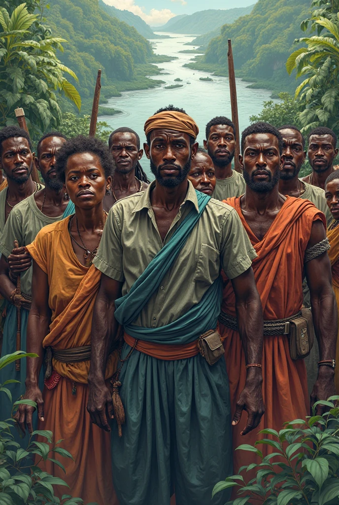 Année 1804, ère de la colonisation. Sur Île d'Hispagnola, lieu Bois Caiman. style" plusieurs personnes colonisées portant des habits de servitudes du moment, s'agglutinées, entassées les uns aux autres comme s'ils portaient Boukman et Cécile dans un plateau. Cadre imaginaire. Boukman brandit une torche allumée. Boukman et Cecile portent des habits de servitudes. " cadre captivant. Je fais appel à votre expertise sur l''époque coloniale. Captivant. Verdure aux tours. Faire apparaître Cecile Fatiman a côté de Boukman.