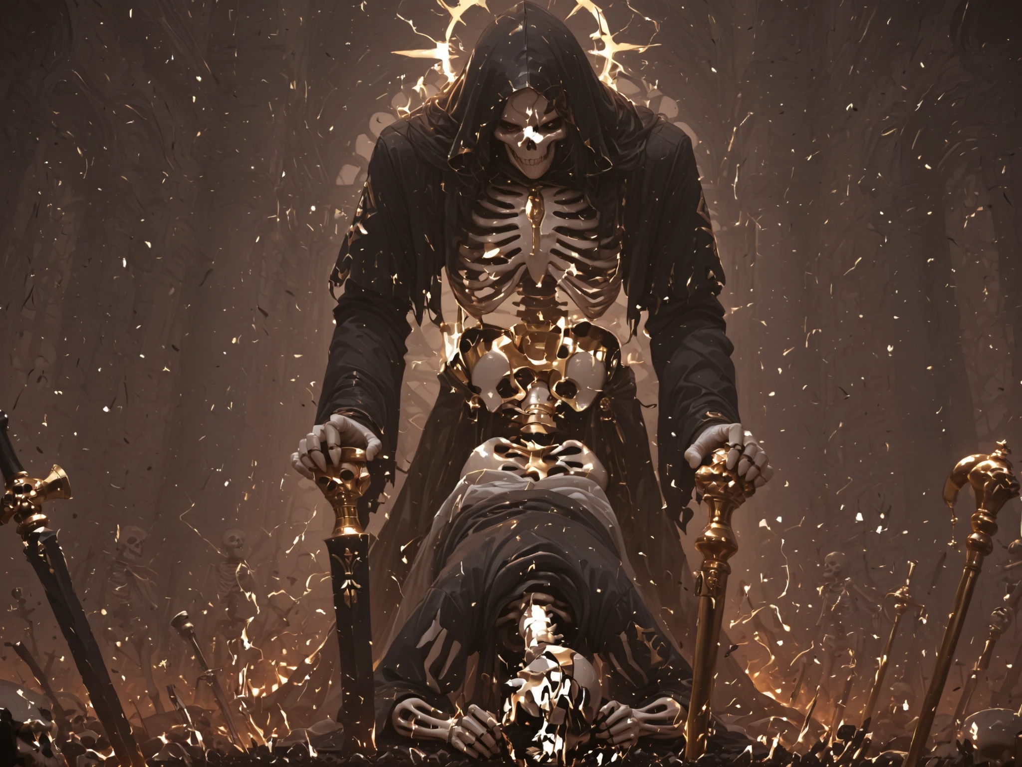 masterpiece best quality cool male skeleton with a heavy golden cane in the center four battle maids each with weapons all face down negative aura background black base Fire on the ground occasional thunder is visible
