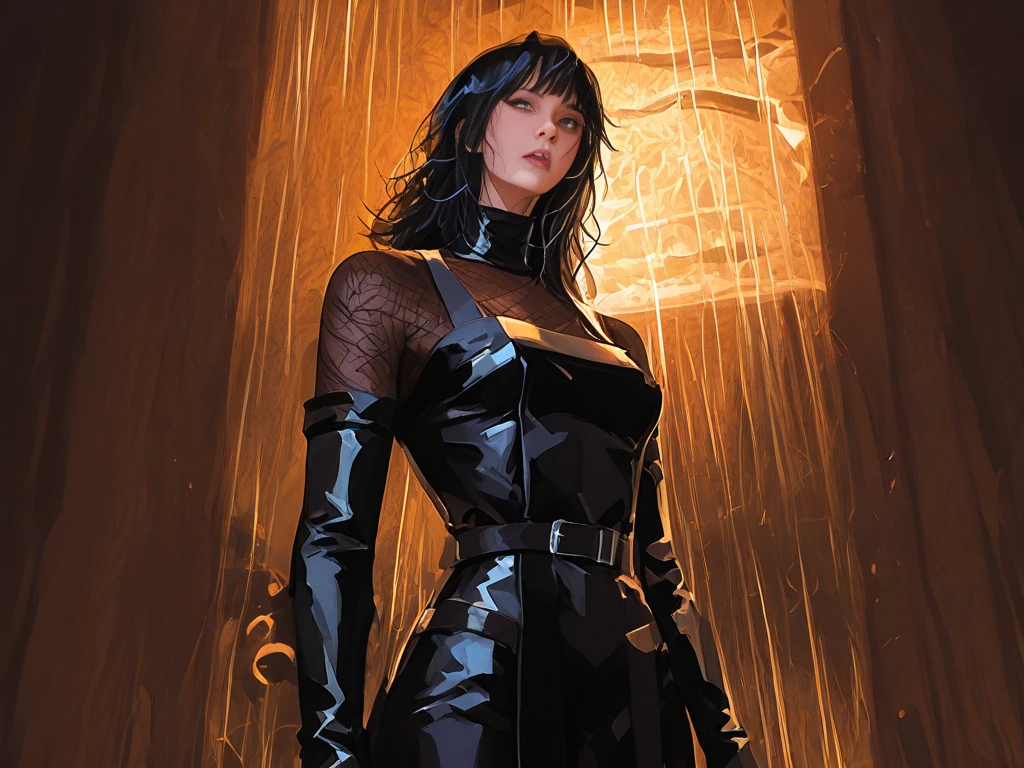 storm, black leather suite, miniskirt, , x on the belt, lightning, (best quality, 4k, 8k, high resolution, masterpiece: 1.2), ultra-detailed, (realistic, photorealistic, photorealistic: 1.37), details intricate, vivid colors, sharp focus, professional, Dave McKean artwork, surrealism oil touch, oil painting style, portrait, woman, beautiful detailed eyes, beautiful detailed lips, dreamy atmosphere, shadow play, lighting soft, fun pose, dark tones, ethereal background, fantasy elements, texture, layered composition.art inspired by Bill Sienkiewicz and Dave McKean