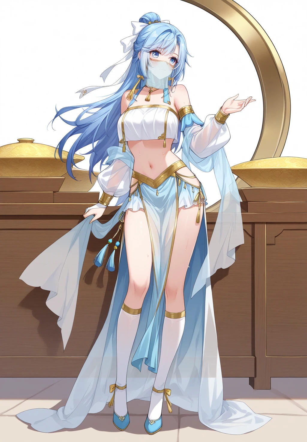shikimori, medium breast, slim legs, blue gown, navel, skirt, standing, beautiful eyes, blue eyes, happy, arabian belly dancer, stage, lying