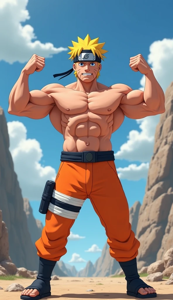 (Full body) boy was shy and blushed (photo subject: Close-up of muscular thigh muscles ) (photo angle from bottom up)(Drawings of Naruto anime) (photo angle from the ground upwards) [Anime photo][highest quality photo][4k,HD photo quality ] wear tight and short loincloths soaking wet,the loincloth bulges due to the erect male genitals  (muscular thigh muscles, firm thigh muscles, muscular thigh muscles, sinewy thigh muscles, giant thigh muscles, strong leg muscles, muscular hamstring leg muscles) ,Uzumaki Naruto fun, happy ,delighted, bodybuilder,bodybuilding, standing, red skin, pink skin, tanned skin,reddish brown skin, lots of sweat flowing down, topless, shirtless, hot sunny, (do not wear banners,do not wear headbands) hands behind head
