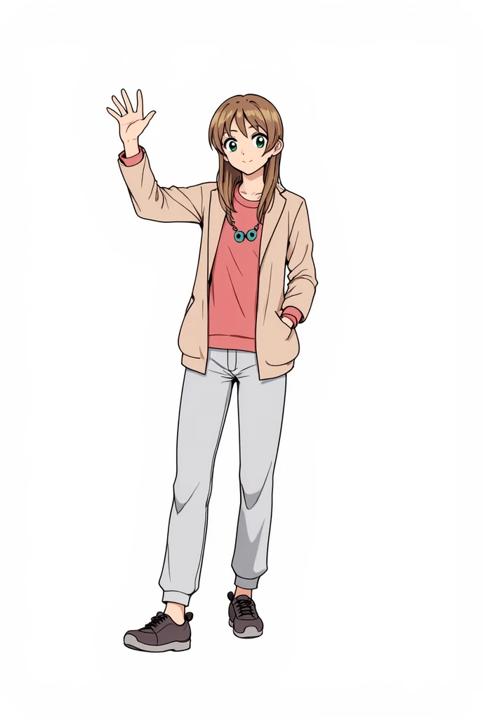 Pretty Girl, beautiful hair, casual, minimalist clothing , slim body, beautiful ,cute bangs,, loose-fitting clothing, manga anime, Women,blouse, High Quality, jacket, winter colors , simple , winter outfit, aesthetic , smile, 5 fingers, clothes casual ,Alta resolución, The detail, , Vibrations chic clothes, sneakers