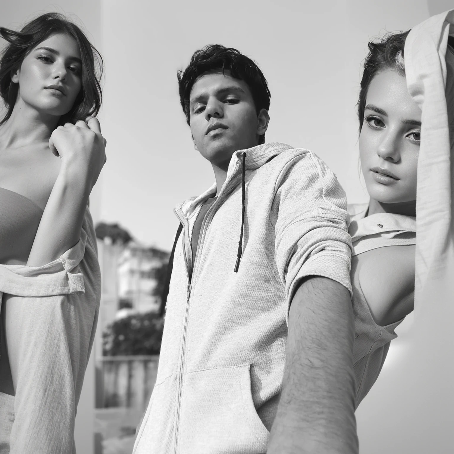 30 year old classy gentleman, wearing an all black sweatshirt. Denim Jeans, all white sneakers, dark studio background, next to him: two beautiful girls in black Bikinis with high heels. Girls trying to touch the man with their hands