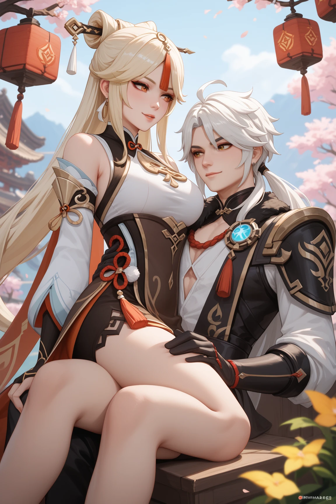 ((1 woman with penis, erect penis)),((with cape on back, with crown))),((medium breasts, bare breasts, grasping breasts)),((white hair with ponytail)) ,( (red eyes, calm face)),((sitting on a golden throne, sitting backwards, right leg over left leg)),((in a haunted castle, at night)),((1 arm behind your back) ),