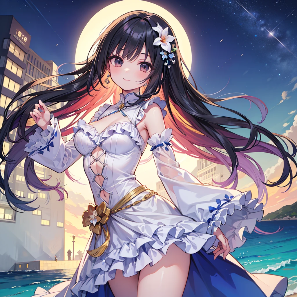 ultra-detailed, looking at the beautiful night view、Cute girl, back view