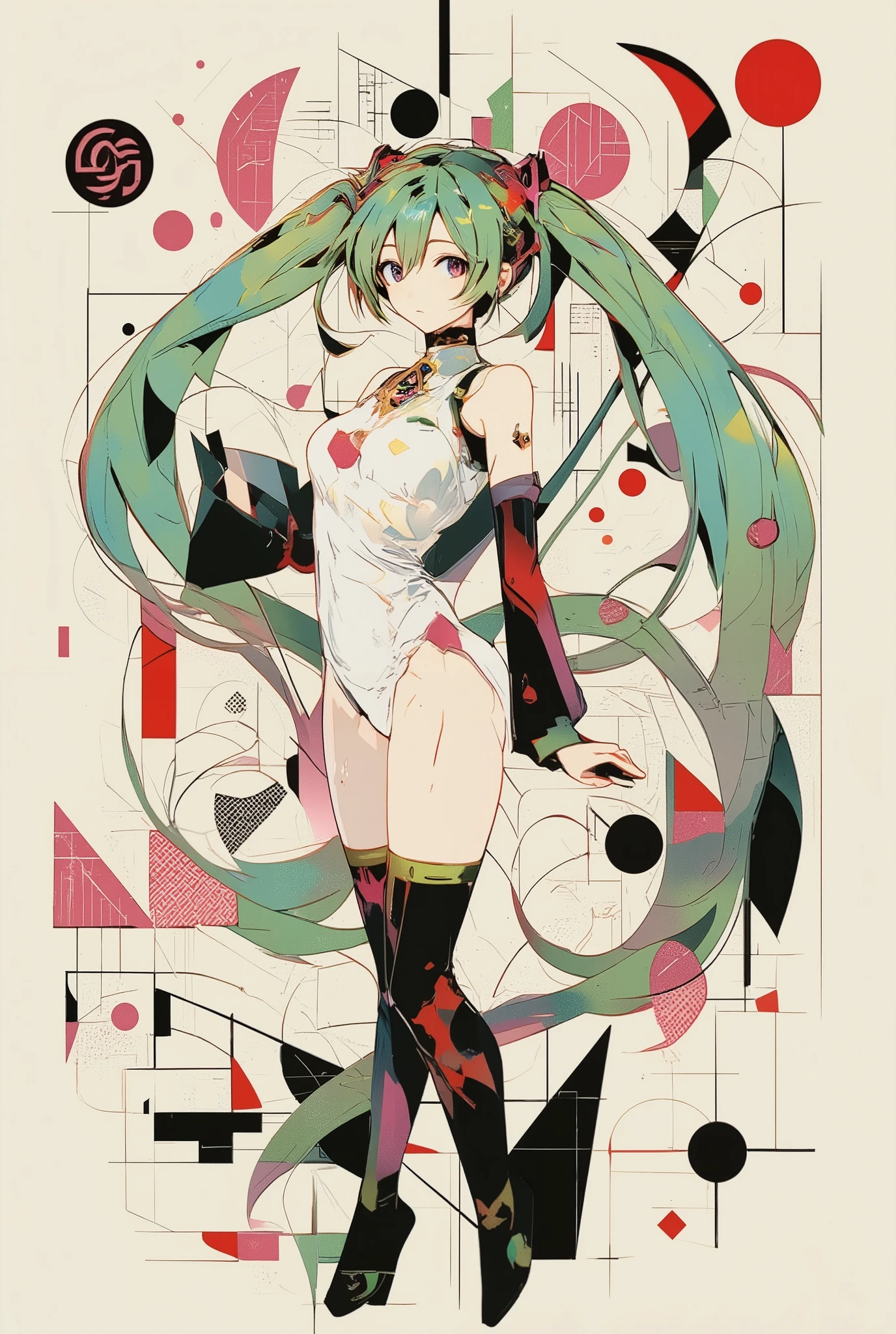 ( masterpiece、 best quality、 best quality、、 beautiful beautiful :1.2) Hatsune Miku、light green twin tails, beautiful breasts,Revolution in Geometric Art!Reinterpreting Bauhaus Aesthetics with Minimalistic Lines and Pure Color!