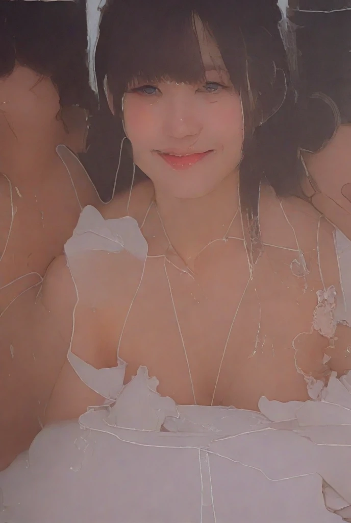 highest quality, Ultra-high resolution, Highly detailed skin, Physically Based Rendering, (((A round-faced Japanese woman in her 20s,She is supporting her chest with her arms and is not wearing underwear., Large Breasts, Nipples are also visible, from the front))),(Beautiful background:1.2), ((Cleavage)), ((Showing Nipples)), (White swimsuit with a wide open chest) .(((No chest pads)))、(Fabric so thin that you can see through) (((The outline of the nipples clearly expresses the shape of the nipples..、Nipples)))、(Areola, (Realistic: 1.4),(Realistic), (front)(((Young Face))), (Written boundary depth), (((Nipples visible through clothing)))