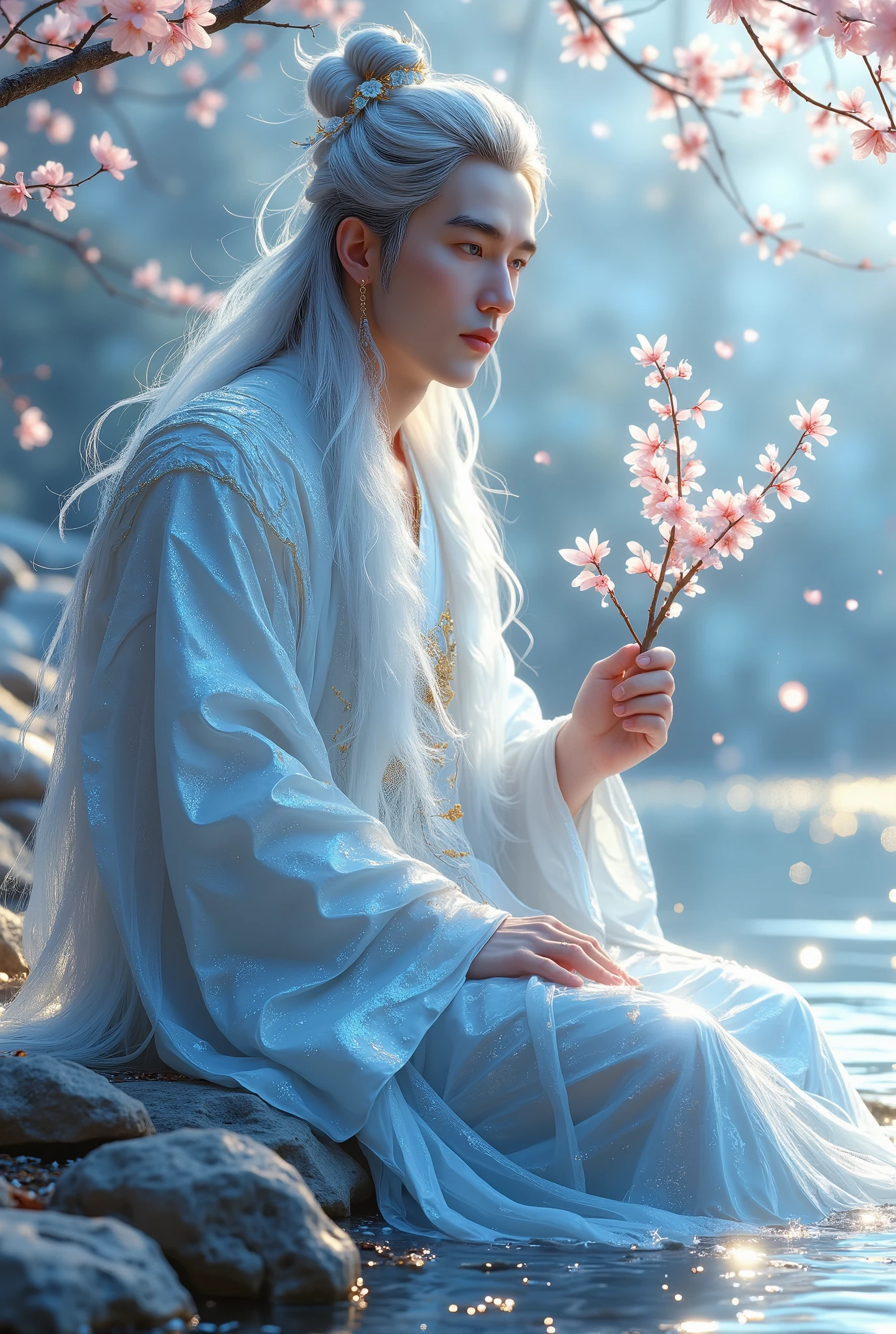 A majestic ancient Chinese king sitting on a light blue-white stone edge very near the water, wisps of long white hair framing his gentle features, sits in quarter profile against a serene backdrop of shimmering light blue and white stones. His eyes, soft as morning mist, gaze tenderly at the delicate cherry blossom and flower twig he holds in his hand. The Hanfu fabric appears to be woven from water itself, its transparent folds glistening like moonlit ripples on a tranquil lake. Oil paints swirl with lifelike texture, capturing every detail of this ethereal scene in stunning 8K resolution.