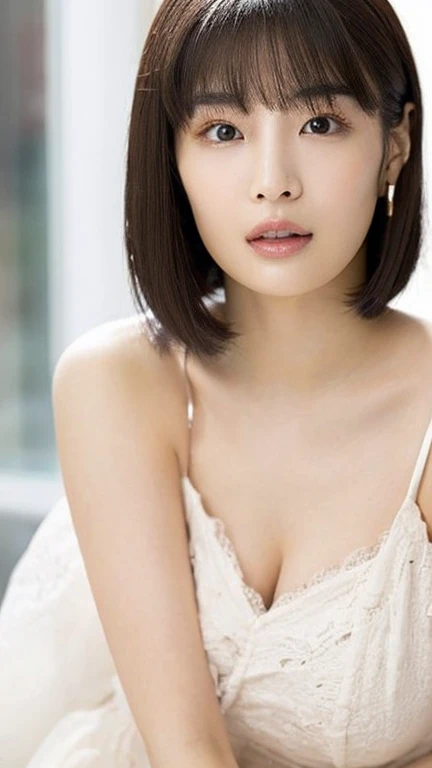 (8k, RAW Photo, Best Quality, Masterpiece:1.2), Ultra Detail, Super Resolution, (Realistic, Realistic Photo:1.37), Portrait, High Detail RAW Color Photo, Professional Photo, Extremely Detailed and Beautiful, Extremely detailed, 8k wallpaper, amazing and detailed, huge file size, official art, highly detailed CG unity 8k wallpaper, highly detailed beautiful girl, highly detailed face, highly detailed eyes, highly detailed skin, highly detailed fingers, highly detailed nose, very detailed detailed mouth , perfect anatomy, highly detailed background, highly detailed clothes, 1girl, (20:1.2), 20s, cute girl, realistic body, petite, fair skin, glowing skin , slim body, handsome body, black hair , short hair, (blunt bangs:1.2), smile, cute, youthful, cute face, realistic face, delicate eyes, drooping eyes, lingerie, see-through, earrings, looking at viewer, cowboy shot, facing front, standing posture, Contraposto, dynamic lighting, very large breasts, cowboy shot