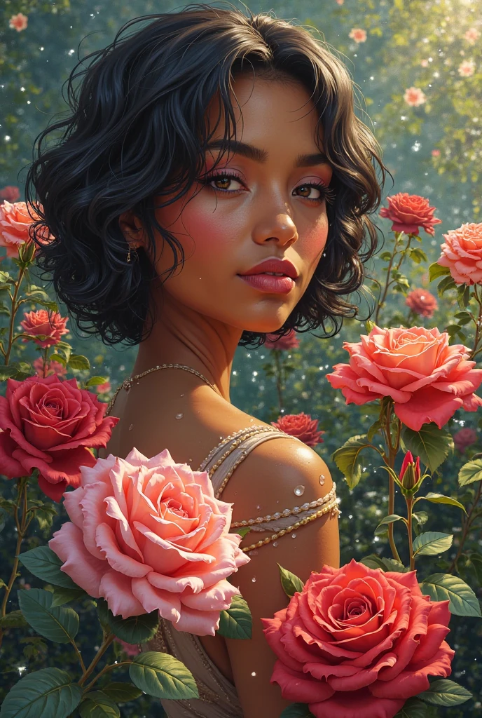 Brown skin, (gelado:1.4), profundidade de campo, floral, ::< Punindo personagens de corvos cinzentos, Arte por Stanley Artgerm Lau, Arte por Kenneth Rocafort, Arte por Genzoman Smooth, nuvens separadas e uma escadaria dourada infinita, over exposure, Ashley Alexiss menina