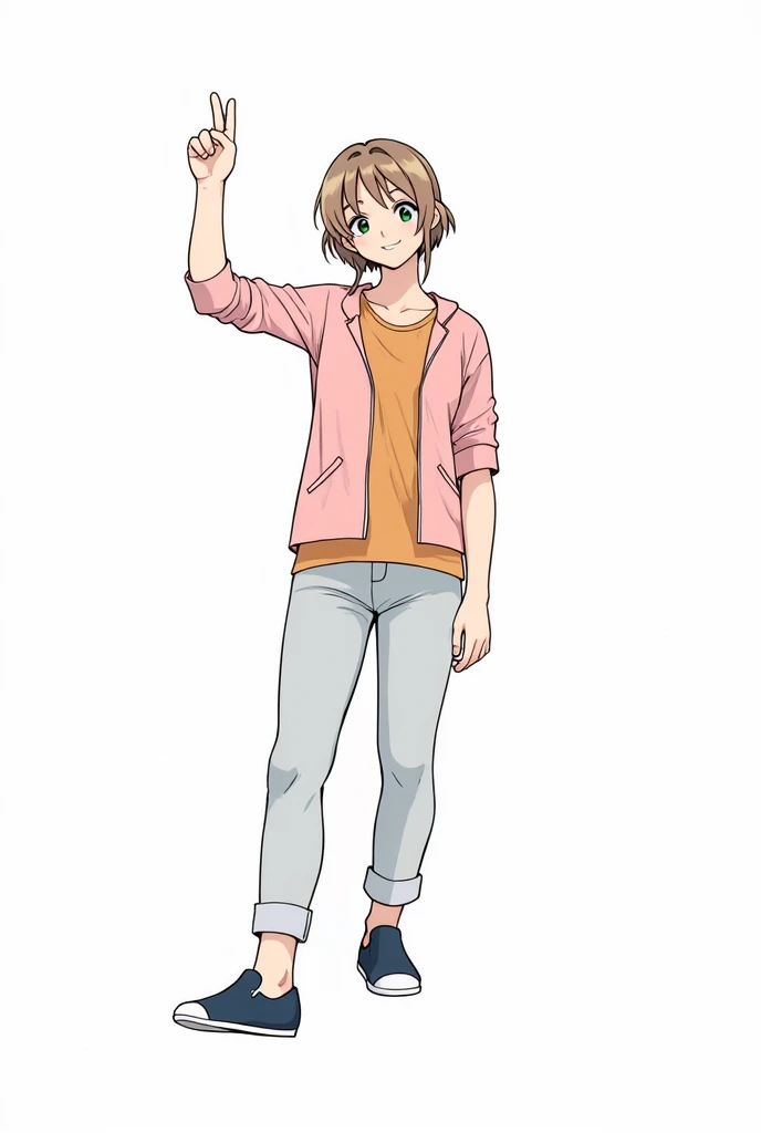Pretty Girl, beautiful hair, casual, minimalist clothing , slim body, beautiful ,cute bangs,, loose-fitting clothing, manga anime, Women,blouse, High Quality, jacket, winter colors , simple , winter outfit, aesthetic , smile, 5 fingers, clothes casual ,Alta resolución, The detail, , Vibrations chic clothes, sneakers