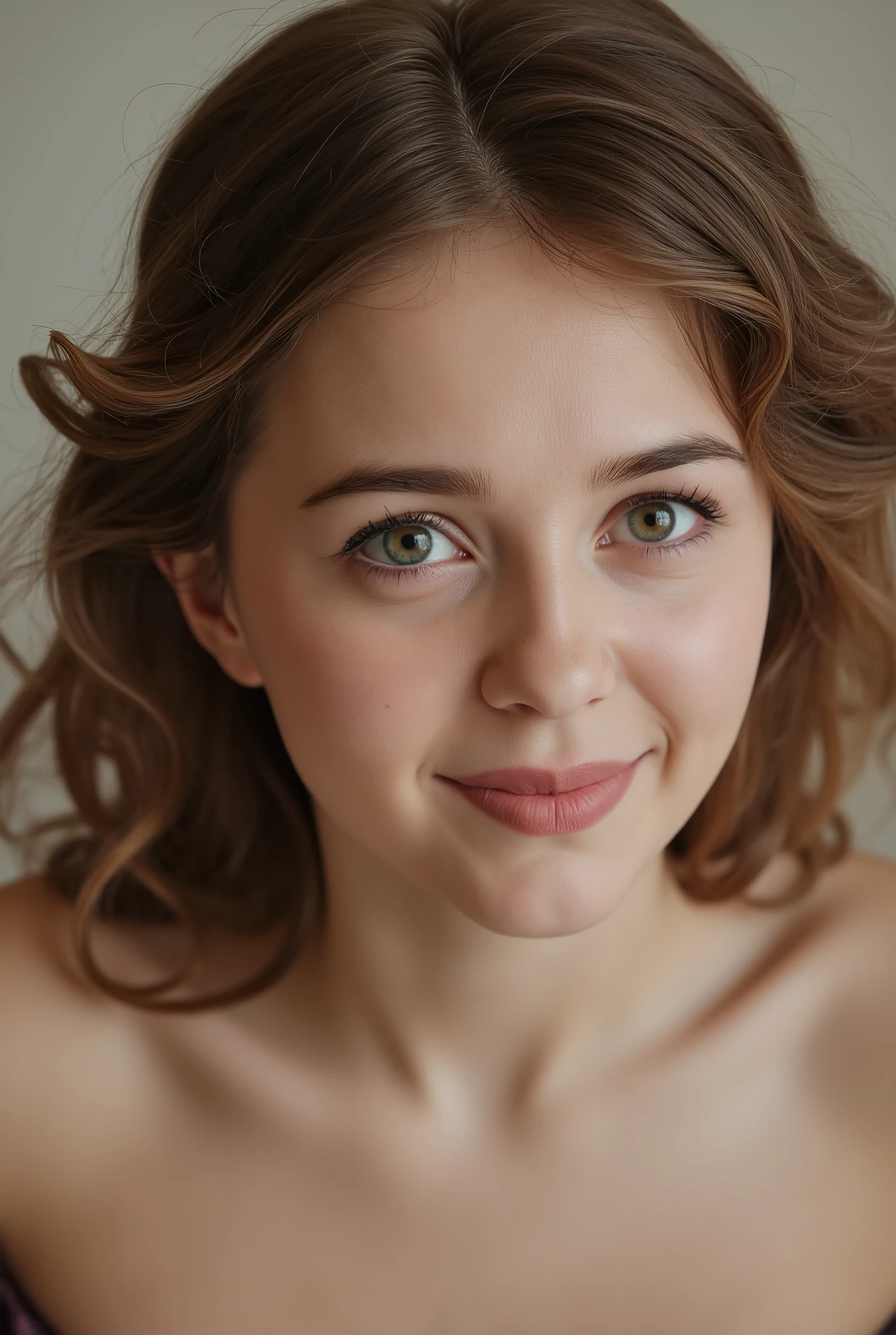 (((Close-up of face))), (((blonde wavy hair))), (((She is posing on a bed))), (((She is wearing sexy satin clothing with shoulders off))), (Natural laughter:1.25), Half Russian, Half Iranian, 18-year-old girl, Standing alone, Looking forward, Light eye makeup, Brown hair color, messy hairstyle, Hair blowing gently in the wind, Actress-level facial beauty, Glossy ultra-realistic skin, Smiling expression, Watery eyes, Gazing upward, Subtle lighting effects, Ultra-realistic photography, Highly detailed, High-resolution 16K close-up of human skin, Skin texture must be natural, Visible skin pores, Healthy and evenly toned skin, Captured in natural lighting and color tones, Styled as a worn-out high-quality agency headshot, Shot on (((SIGMA 300mm f/1.4, 1/1000 sec, ISO 400))), F-stop 1.4 background blur.