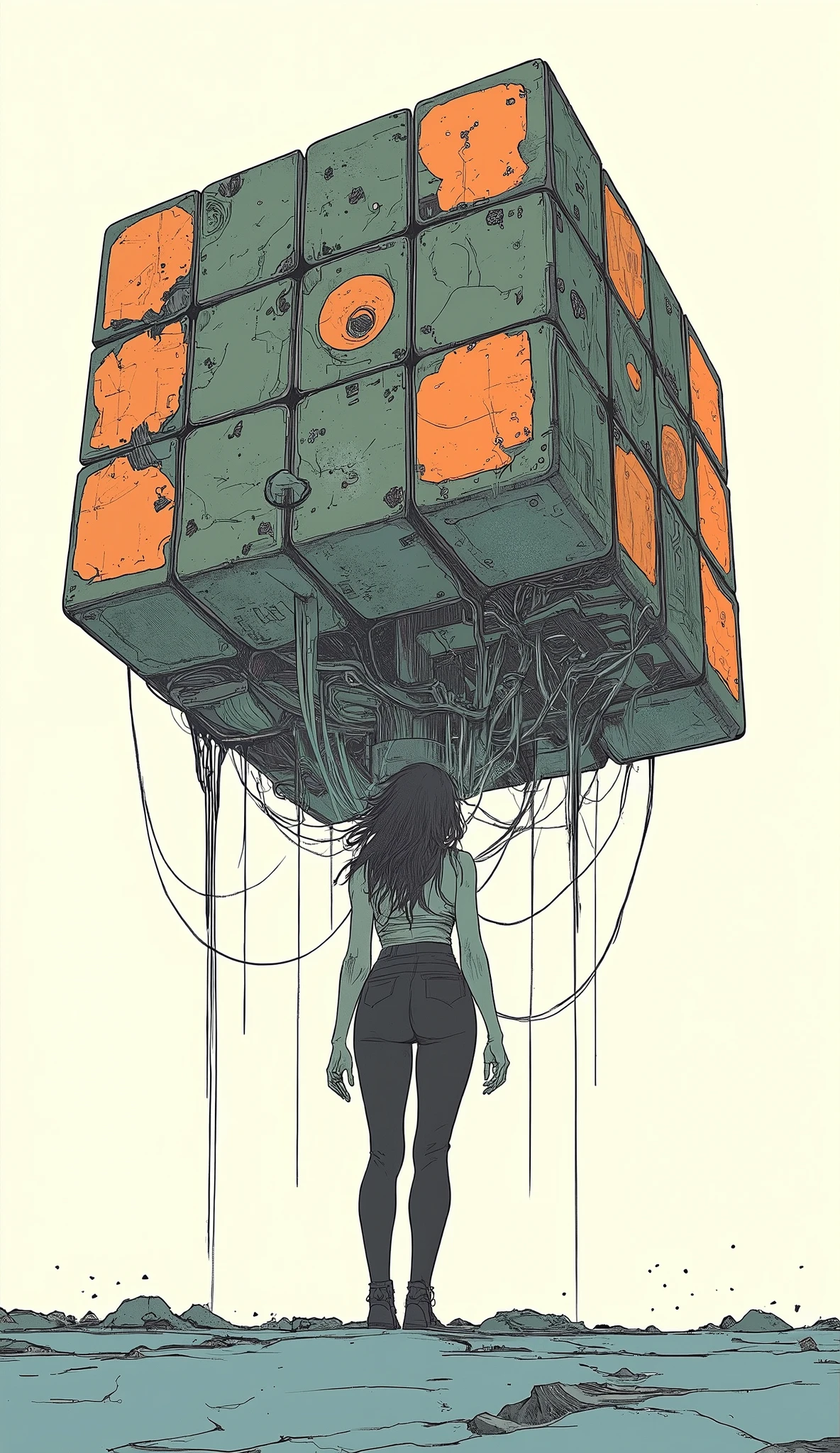 Back view of a woman standing in front of a giant Rubik's cube, Otomo Katsuhiro, Kilian Eng. Moebius, Inspired by Chris Ware  ,   Emiliano Ponzi  , Shintaro Kago, Moebiusの象徴的なスタイルで, Moebiusにインスパイアされた, white background、