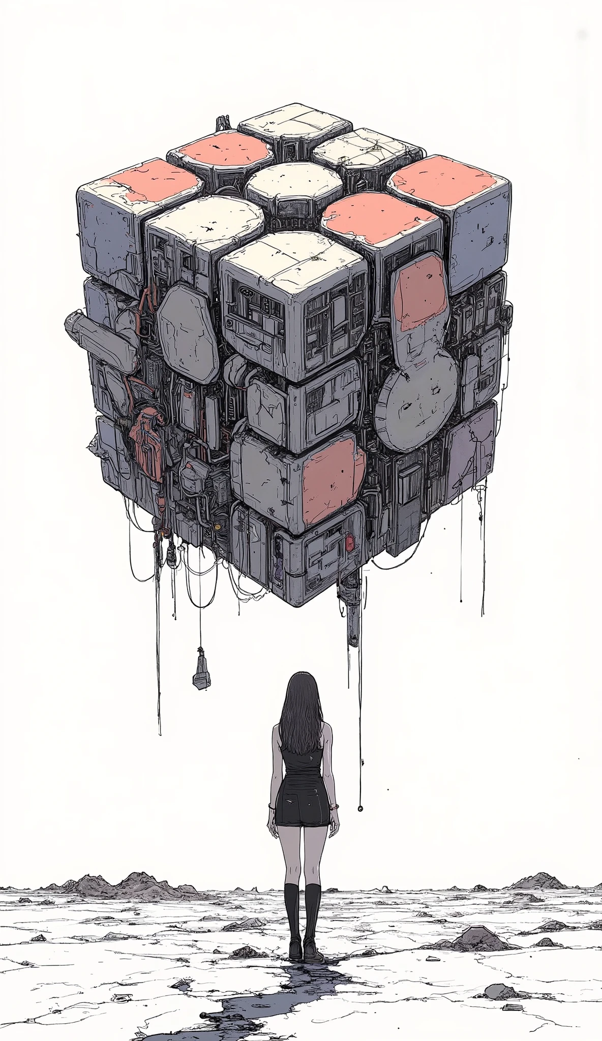 Back view of a woman standing in front of a giant Rubik's cube, Otomo Katsuhiro, Kilian Eng. Moebius, Inspired by Chris Ware , Emiliano Ponzi , Shintaro Kago, Moebiusの象徴的なスタイルで, Moebiusにインスパイアされた, white background、