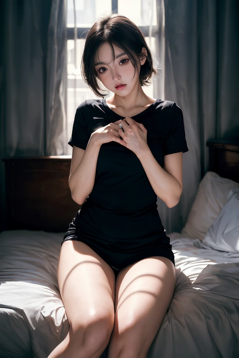 (masterpiece, best quality, photorealistic, cinematic), 1girl, (wide shot, from the front), head-to-toe visibility, perfect anatomy, curvy body, alluring, perfect eyes, (lips slightly parted), perfect hands, (bursting breasts, round ass), long round legs, in peaceful slumber, (sleeps in her bed in the lateral position, hugging a pillow between her legs), (blue hair Loose Braid hairstyle), her nightwear is a Night Shorts with a Tank Top