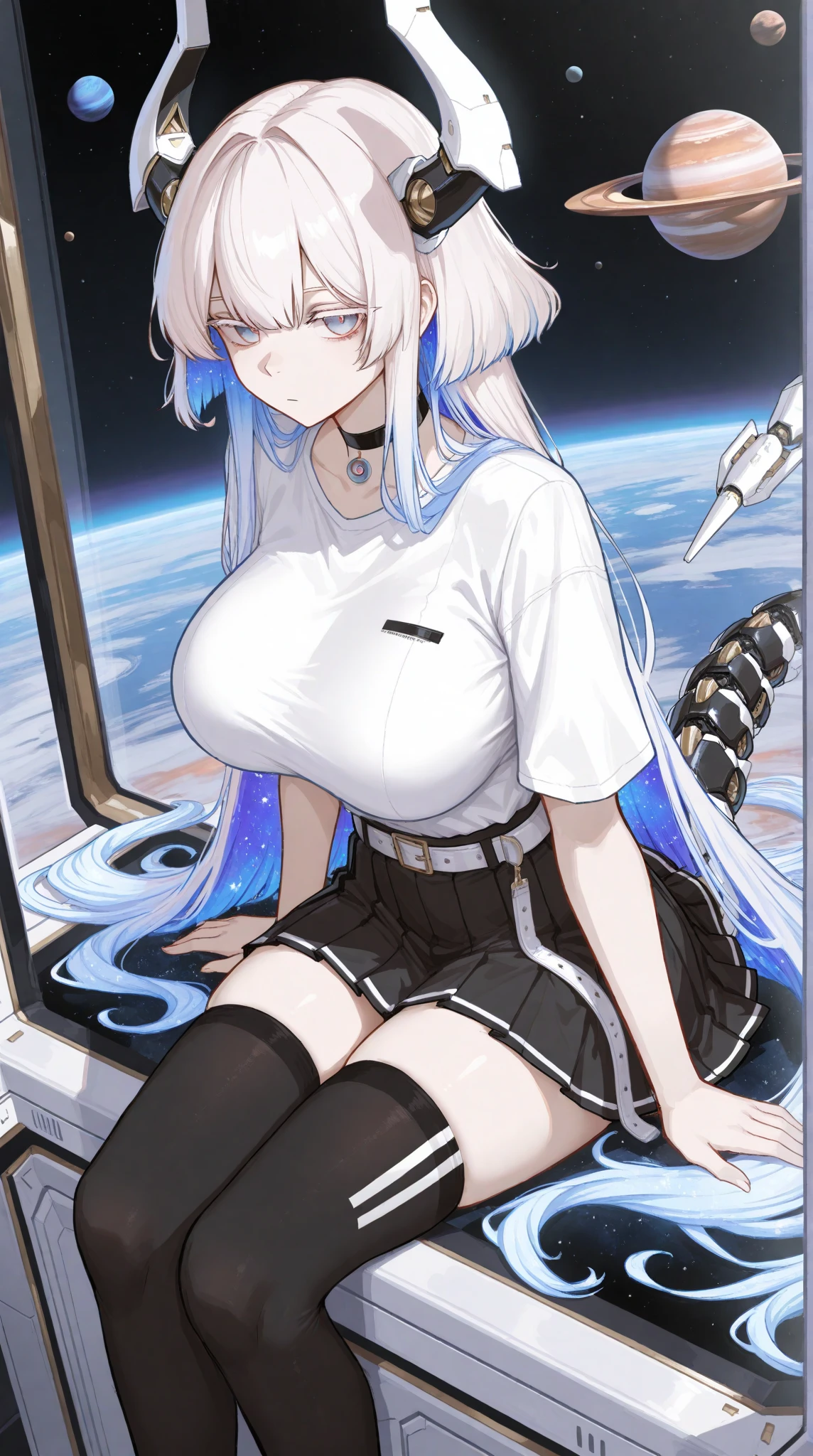 A Cute Girl, who is testing a machine that makes her Breasts and Thighs Unreasonably Large, however it works too well, and (her Thighs have Significantly Overinflated to Uncomfortably Huge extremes:1.5),