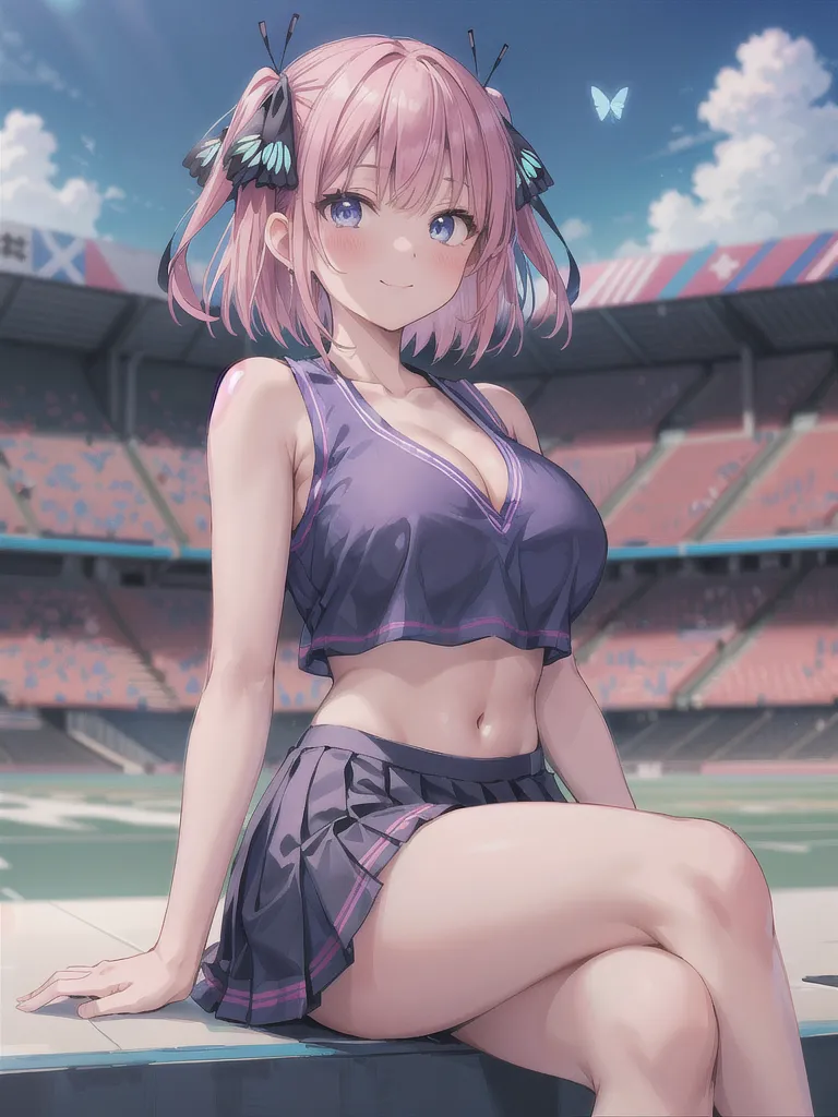 Absurd, Super detailedな,(In 8K:1.3),Masseter muscle area,(masterpiece:1.2)、(Highest quality)、4K、Super detailed、(Movement Structure:1.4)、(Shining Lights、Atmosphere lighting), High resolution, Best Quality、(One girl:1.4),Super detailedな,Bright colors、Treebreak Production Art、(Warm color light source:1.2),High-level image quality、Fine image quality、Intricate details,Volumetric Lighting,Realism BREAK、Profile、 Idol face、15 years old、Very beautiful face and eyes, Beautiful images、natural make up、 big eyes, (Big Tits:1.2)、(Breast bag:1.2)、(glossy skin :1.5)、(Baby Face:1.5)、 (standing , raise one leg/leg up:1.5)、Plump thighs、 (Stadium:1.2) 、 (pink hair,blunt bangs,medium hair:1.2)、 (((wearing cheerleader costume)))、light smile
