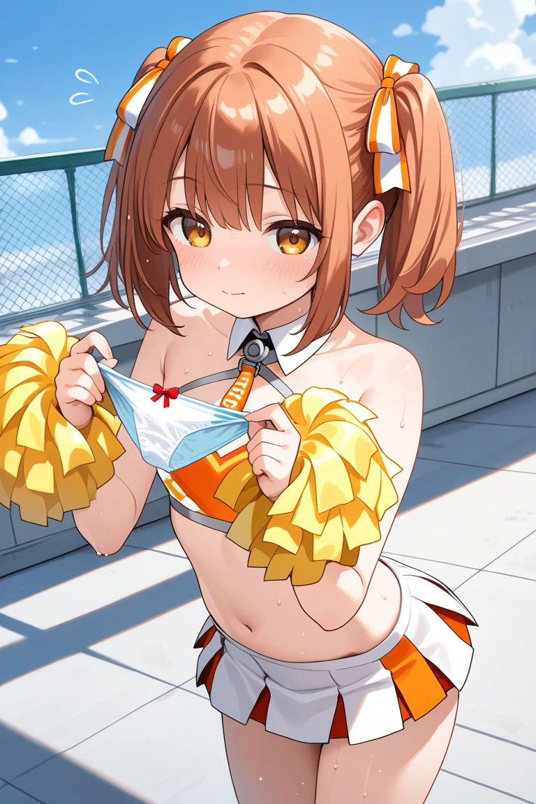 (((masterpiece))), ((highest quality)), (Very detailed), ((High resolution)), ((8k)), ((Anatomically correct)), One Girl, Baby Face, (Big Breasts), Beautiful nipples, Brunette color hair, Double up braid, Long Hair, Long-haired and short-haired, Letting down your bangs, Very cute woman, delicate, Charming smile, Emerald Eyes, Best moment, Beautiful Skin, delicateな腕, Detailed skin texture, Intricate details, Very detailedな顔, Beautiful curves, Beautiful thighs, Sweating, View your viewers, A big smile, ((Cheerleader Outfits)), School classroom, (Have a cheerleader pom-pom), Mouth open, Beautiful standing posture, Model standing, See the whole picture, （red shirt and white miniskirt), Raise your arms,